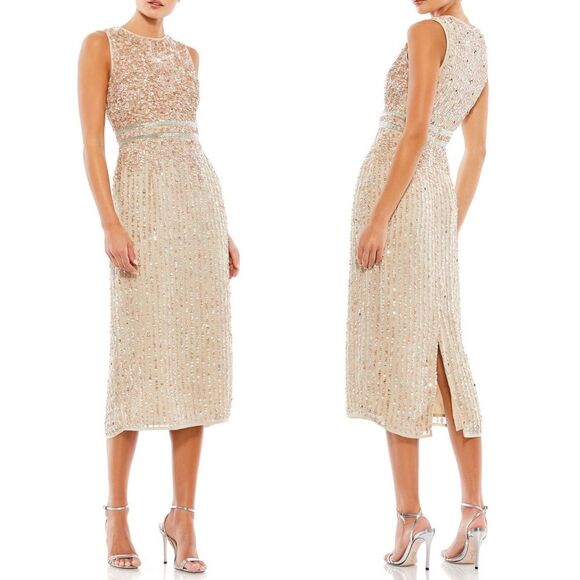 Mac Duggal Sleeveless High Neck Nude Sequin Beaded Midi Sheath Dress Size 4 NEW - Picture 1 of 15